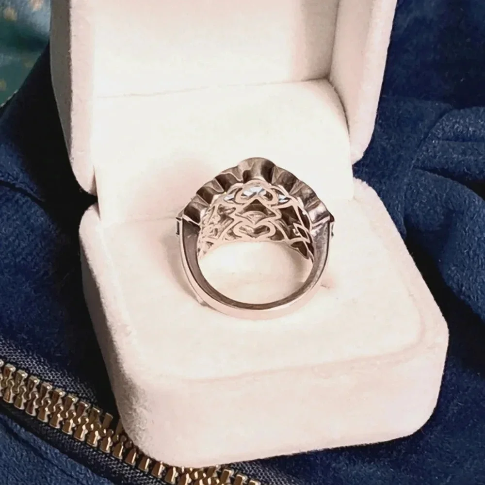 Natural Swiss Blue Topaz & White Topaz Art Deco Style Ring.